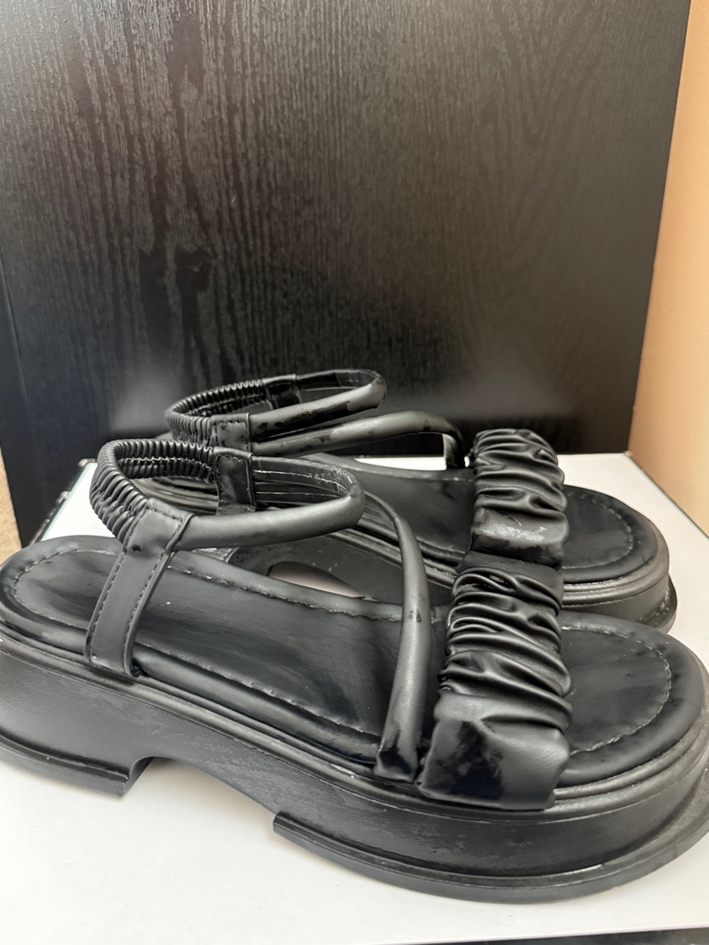 Black Ruched Strap Platform Sandals